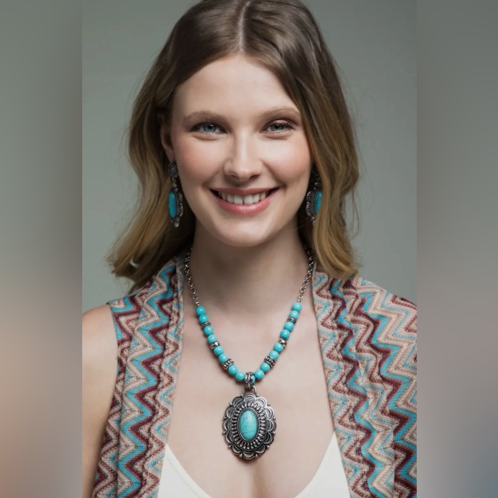 Western Boho Turquoise Concho Medallion Necklace and Earring Set - Picture 2 of 3